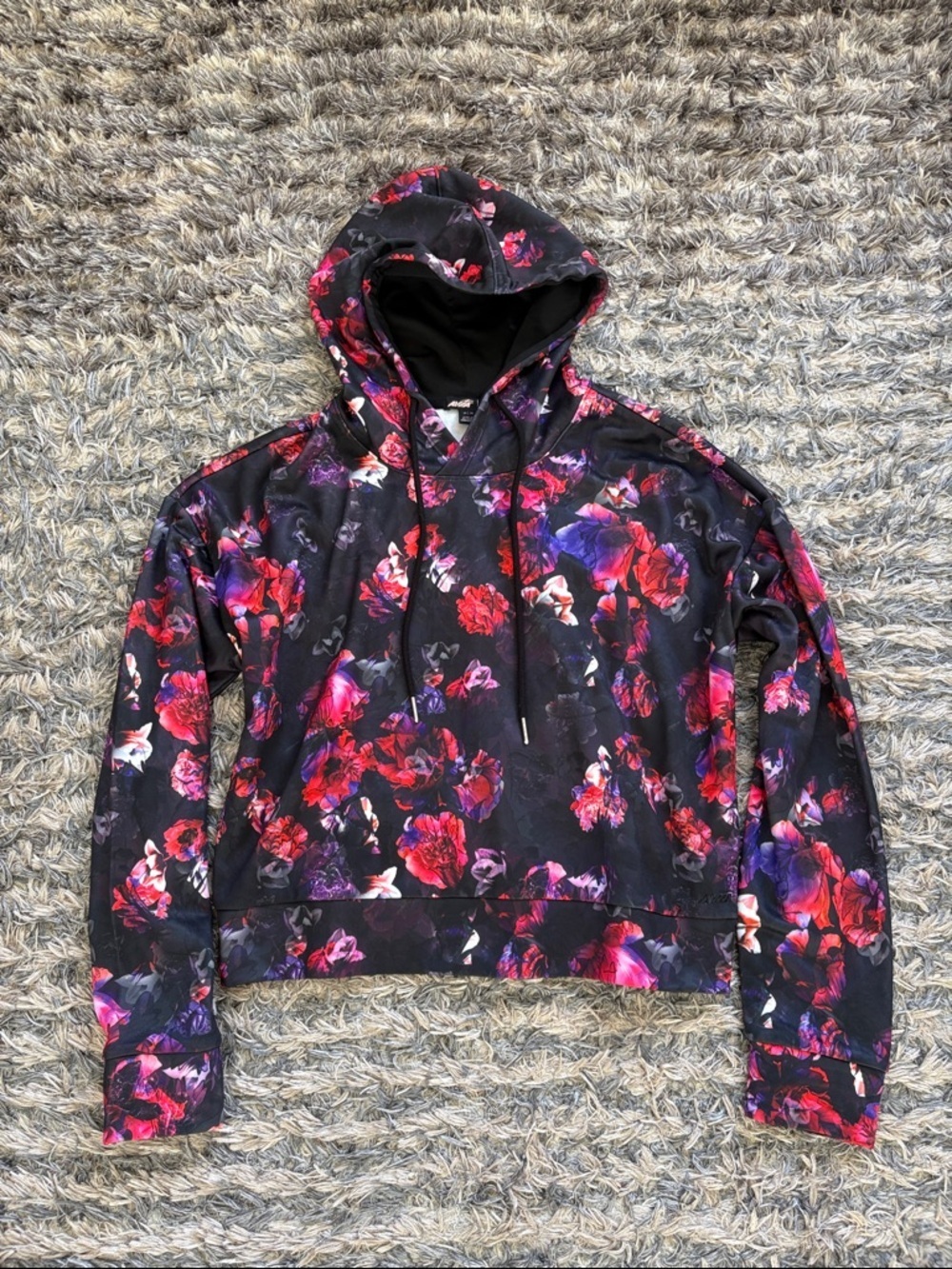 Floral Print Hooded Pullover Sweatshirt - Black and Pink